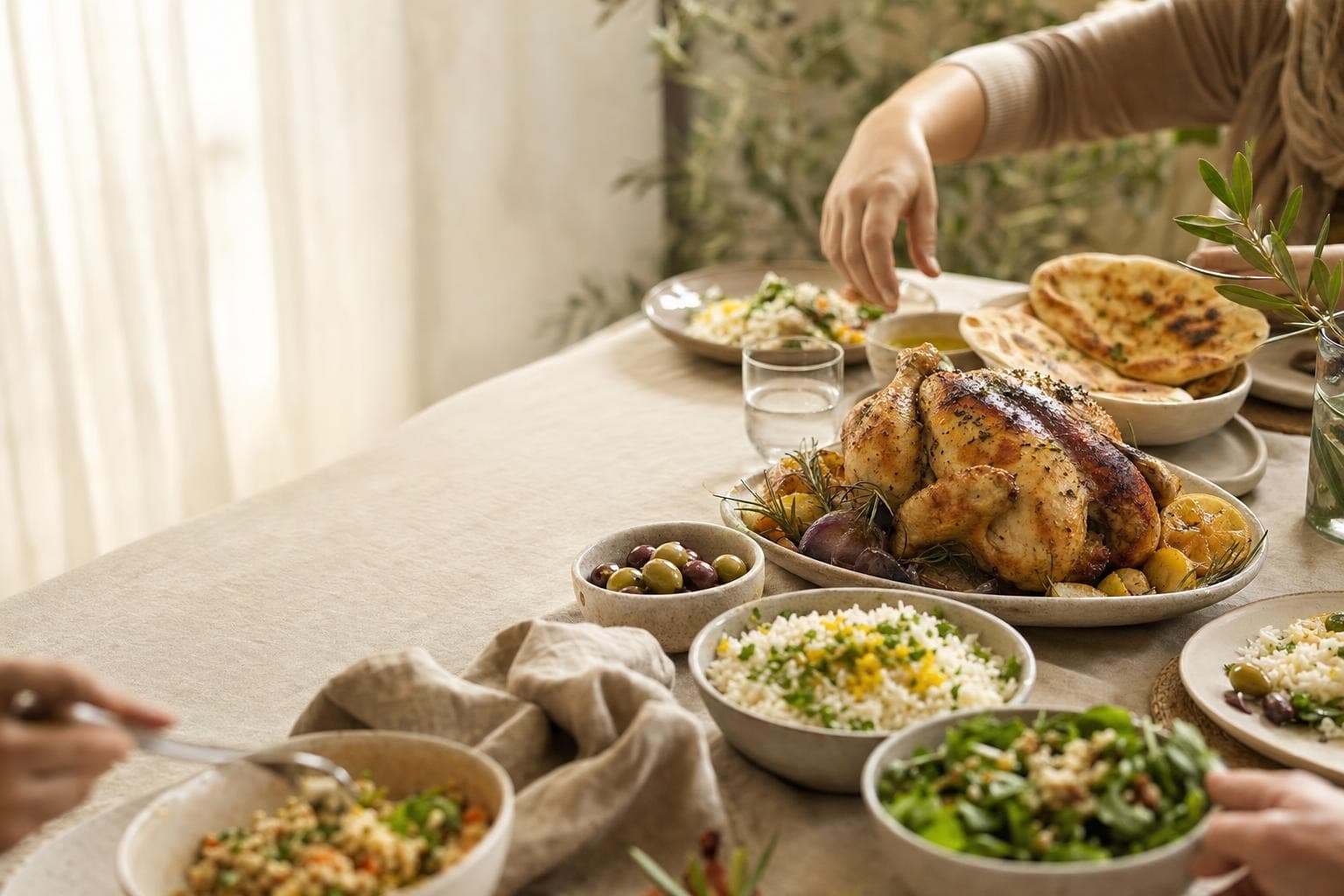 A family-style meal set on a sunlit table